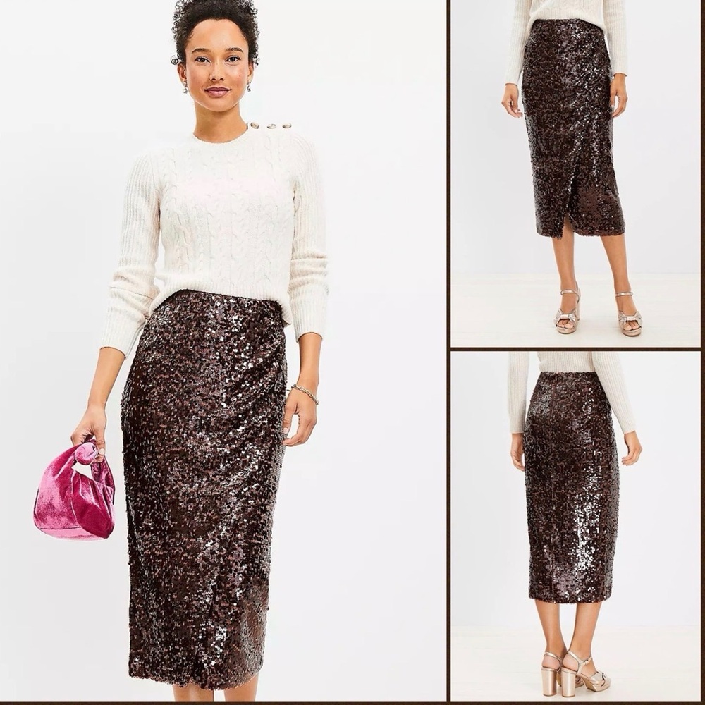 LOFT Sequin Midi Wrap Skirt - Brown 12 Petite NWT